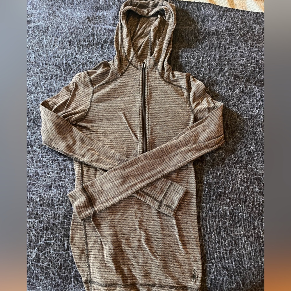 Smartwool black/grey striped zipper hooded sweater merino wool XS